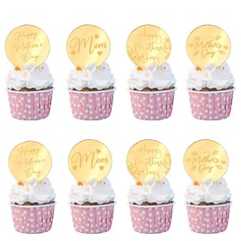 20pcs Gold Happy Mothers Day Cupcake Toppers Mirror Acrylic Mom Cake Disc for Mothers Day Cake Decorations DIY Gift Flower Bouquet Decor