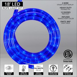 18' LED Red Rope Light, LED Flexible Light Rope String Light Outdoor – LED Light Rope Bedroom LED Light Rope, 120V, ½ Inch, 2-Wire – Rope Light Clips and Power Cord Included