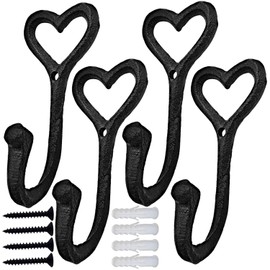 Decorative Wall Hooks Coat Towel Hook, 4 Pcs Key Bag Hanger Coat Hooks Cast Iron Vintage Holder Love Heart Shape Home Decor, Bath Kitchen Garage Hanging Scarf Cap Cup Hat Purse Robes Hook