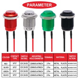 MKBKLLJY Pack of 8 12 mm Buttons, IP65 Waterproof DC 12 V 2 A Stainless Steel 1Normal 1 Open without LED with Pre-Soldered Wires, 4 Colours (Silver/Black/Red/Green)