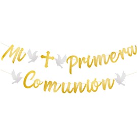 Tinoaly Mi Primera Comunion Banner, Gold Glitter Paper Banner Pull Flag Comunion Decorations God Bless Gifts for Boys for Spanish First Communion Religious Party Baptism Party Supplies (Pre-Strung)