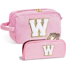 Yintry Makeup Bag Set Organizer Cotton Letter Cosmetic Pouch Large Capacity Travel Toiletry Bag Women Girls Birthday Gifts Portable Brush Storage Bag with Divider and Handle