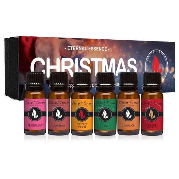 Christmas - Gift Set of 6 Premium Fragrance Oils - Peppermint, Cranberry, Spiced Cider, Pine, Cinnamon and Reindeer Retreat - 10ML