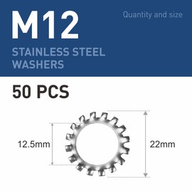BOUMVID Pack of 50 M12 Tooth Washers Locking Washers, Serrated External Toothing Washers, Stainless Steel 304 Tooth Washers Clamping Discs Size Assortment Spring Washers for Screw Attachment