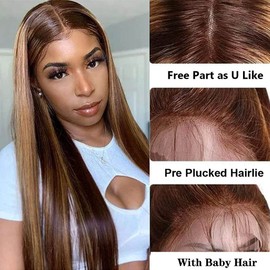 West Kiss Ombre Highlight Straight Lace Front Wigs Human Hair 24 Inch,10A Brazilian Honey Blonde Highlight 4x4 Lace Closure Wig Pre Plucked With Baby Hair For Black Women 150% Density
