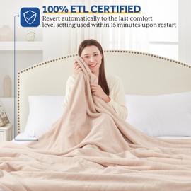 SEALY Electric Blanket Queen Size, Flannel Heated Blanket with 10 Heating Levels & 1-12 Hours Auto Shut Off, Fast Heating Warm Blanket, Machine Washable, Beige, 84 x 90 Inch