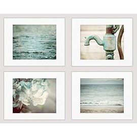 Lisa Russo Fine Art - Shabby Chic Beach, Floral and Farmhouse Prints for Bathroom Wall Decor - Set of 4 - Not Framed - Soft Blue and Aqua (4 5x7 Prints with 8x10 Mats)