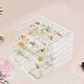 Weiai Clear Acrylic Jewelry Organizer, 90 Grids Adjustable Dividers Earrings Rings Storage Box