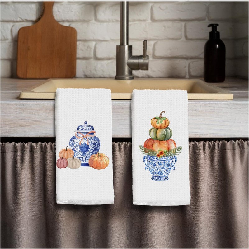 Elefeltclave Fall Chinoiserie Pumpkin Kitchen Towels, Blue and White Chinoiserie