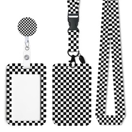 Black and White Checkered ID Badge Holder with Breakaway Lanyard, Retractable Badge Reel,Lanyards for Id Badges，Work Name Tag Breakaway Lanyard ID Card Protector Case for Teacher Nurse Work
