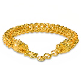 HannaFires ダブルヘッド金龍ブレスレット – 24Kゴールドメッキ チェーン 成功・富・健康・守護の開運アクセサリー ビジネスマン・ビジネスウーマンへの高級ギフト