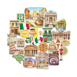 Navy Peony Historical Rome Travel Stickers (28pcs) - Gouache Style, Waterproof, Italy Roman Vatican-Themed Vacation Decals for Scrapbooks, WaterBottle