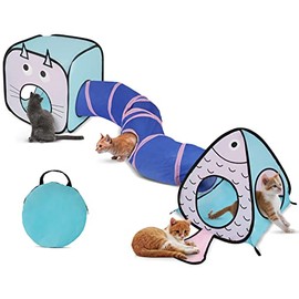 Rypet Cat Toy Tunnel and Cubes Bundle - Interactive Crinkle Collapsible Cat Tube and Foldable Cubes Playground for Kitty, Rabbit, Puppy, Ferret Hiding Hunting and Resting (3 in 1 Set)
