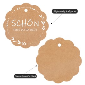 jijAcraft Pack of 100 Gift Tags, "Schön, dass du da bist", 6 cm Kraft Paper Tags with Jute Cord, Round Kraft Paper Tags for Guest Gifts, Wedding Decoration DIY