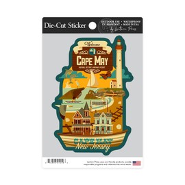 Die Cut Sticker Cape May, New Jersey, Geometric, Blue Sky, Contour Vinyl Sticker 3 to 6 inches, (Waterproof Decal for Cars, Water Bottles, Laptops, Coolers), Large