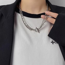 Deelfel Women's Necklace, Platinum, Silver, Double Lay, Mantel Necklace, Azuki Curve, Asymmetric Chain, Light Surface, Titanium, Hypoallergenic, Friends, Anniversary, New Year, Graduation, Party,