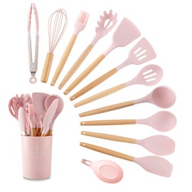 IMLUCKY 13 Piezas Utensilios de Cocina de Silicona con Mango de Madera - Juego de Utensilios de Cocina Soporte de PlsticoTurnerBatidorCucharaCepill...