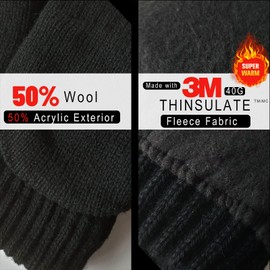 Evridwear Fingerless Winter Gloves Convertible, Knitted Wool Flip-top Mittens, Anti-Slip Suede Leather & Upgraded Closure, Unisex Black with Magnet/L