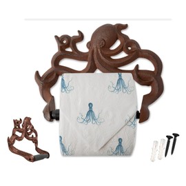 Decorative Cast Iron Octopus Toilet Paper Roll Holder – Wall Mounted Octopus Decor for Bathroom – Kraken, Nautical Bathroom Accessories – Easy to Install with Included Screws and Anchors - Rust Brown