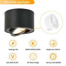 GeyouLux LED Surface-Mounted Spotlights, Dimmable, Extra Flat, 30° Swivel, Diameter 80 x 50 mm, Black Ceiling Spotlight, 5 W, 500 lm, LED Module 230 V - 3000 K/4000 K/6500 K, Surface-Mounted