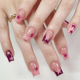 Press On Nails Square, Press On Nails Short, Cute Star Nails Reusable Fake Nails For Women, Square Red Pink Press-on Nails Daily Wear, 24pcs Nails Kit with Glue Kitc