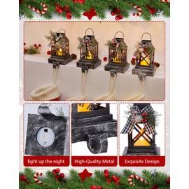 Christmas Stocking Holders for Mantel Set for 4, 4 Pack Lantern Stocking Hangers for Mantel, Retro Light up Christmas Stocking Hooks for Home Indoor Fireplace Window Counter Xmas Decoration