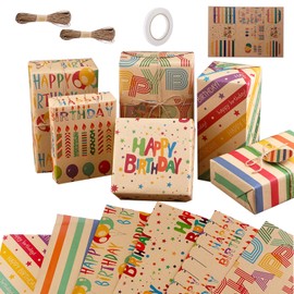 WUBAYI Wrapping Paper Birthday Gift Wrapping Paper, Kraft Recyclable Gift Wrapping Paper Set with Matching Labels for Gift Wrapping Parcel Wrapping Men Women Girls Boys