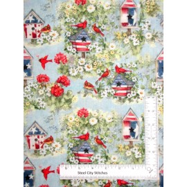 Springs Creative Patriotic Cardinal Birdhouse Flower Fabric Cotton Susan Winget CP75841 By Yard