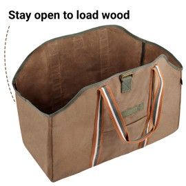 BONTHEE Firewood Carrier Bag, Waxed Canvas Log Carrier, Waterproof Extra Large Log Carrier Holder Freestanding Tote Bag for Firewood - Brown