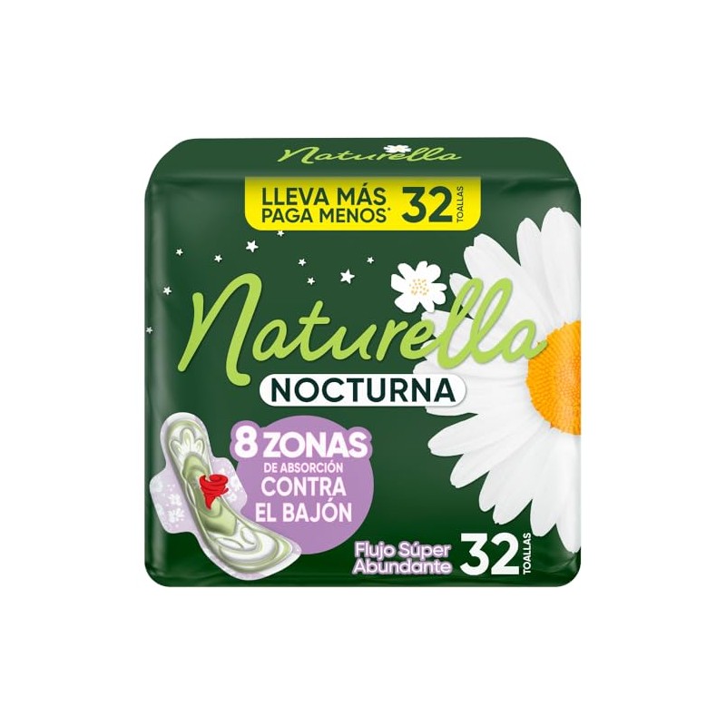 Naturella Nocturna, Toallas Femeninas, 32 Unidades, 8 Zonas de Absorción