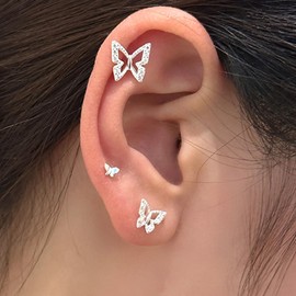 Stocking Stuffers 3Pairs Butterfly Earrings for Women Small Hoop Stud Earrings Silver Butterfly Earrings Set Butterfly Dress Jewelry Gifts Trendy