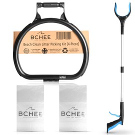 BCHEE Litter Picking Beach Clean Kit | 4-Piece Set | 1x Litter Bag Holder 100% Recycled Plastic Made In Britain | 1x Foldable Litter Picker | 2x Reusable Litter Bag Sacks 100% Recyclable | UK Business