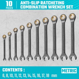 DURATECH Anti-Slip Ratcheting Wrench Set, Combination Wrench Set, 10-Piece, Metric 6-18mm, 72-Tooth, Nickel Plating, CR-V Steel, with Pouch