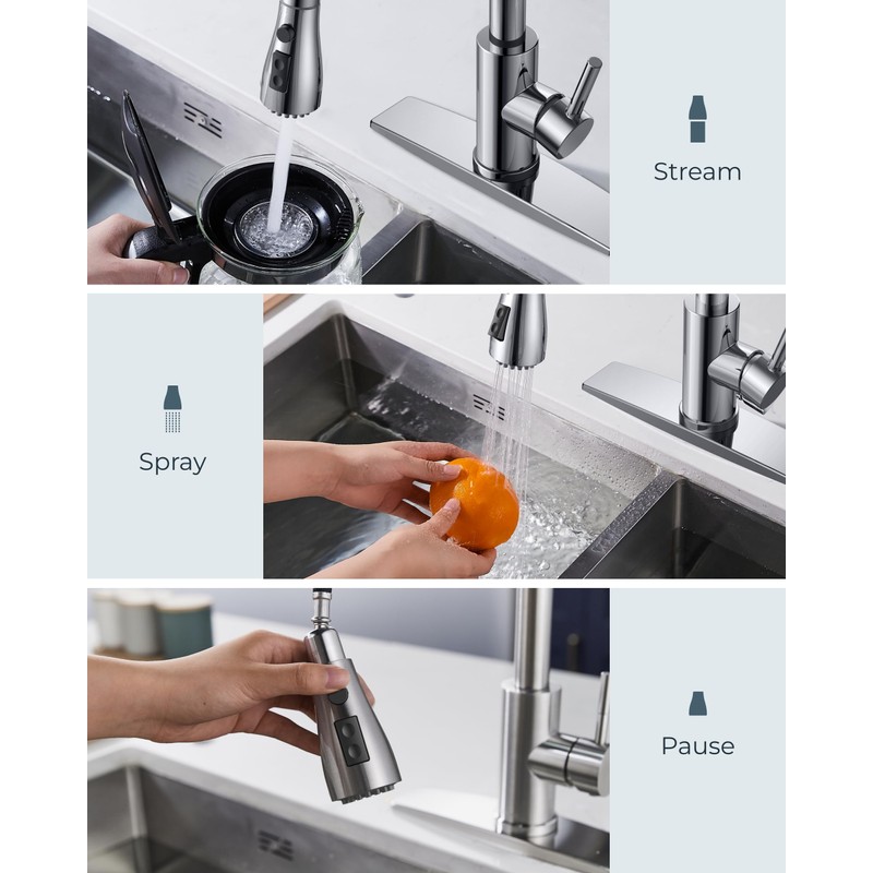FORIOUS Kitchen Faucets, Chrome Kitchen Faucet with Pull Down Sprayer,