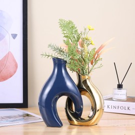 Ceramic Centerpiece vase Set of 2, Modern Decorative vases, Bohemian Skeleton vases Home Decor Aesthetics for Kitchen cabinets upscore Office Bedroom Dresser Entry Table Decor. (Blue + Gold)