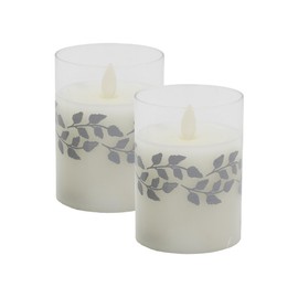LumaBase Battery Operated LED Glass Candles with Flickering Flame, Silver Garland - Set of 2