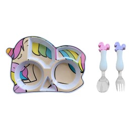 ARI MES - Toddler Plates and Utensils Set, BPA Free Eco-Friendly, Unicorn Shaped Plates for Toddlers, Divided Plates for Kids, Picky Eater Friendly, Childrens Dish Set - Unicorn Plate + Spoon & Fork