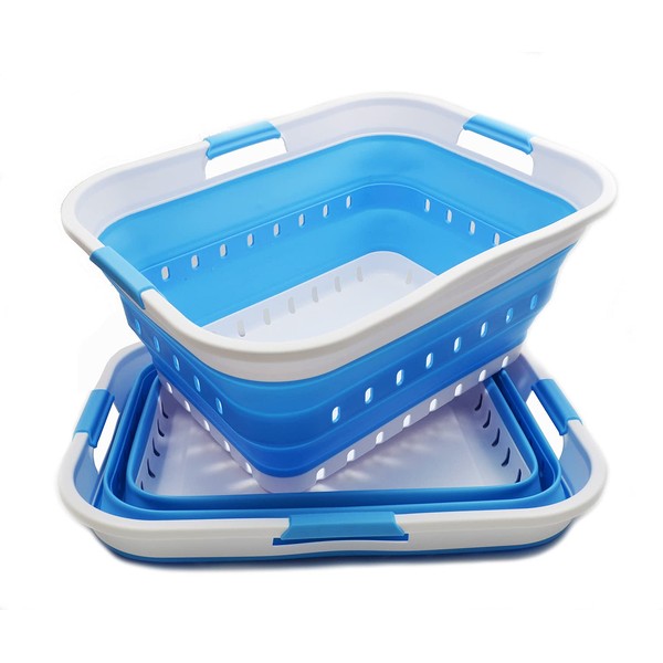 SAMMART 42L (11 gallon) Collapsible Plastic Laundry Basket - Foldable Pop Up Storage Container/Organizer - Portable Basket - Space Saving Hamper/Basket (2, White/Marine Blue)
