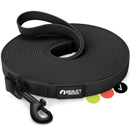 ReaVET Recall Lead for Dogs 10 Metres, Black, Robust and Waterproof Dog Lead Long, Exercise Lead with Padded Handle, Training Lead for Large and Small Dogs