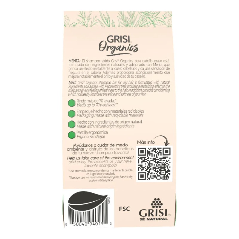 Grisi Organics, Shampoo Sólido Menta, 75 Gr
