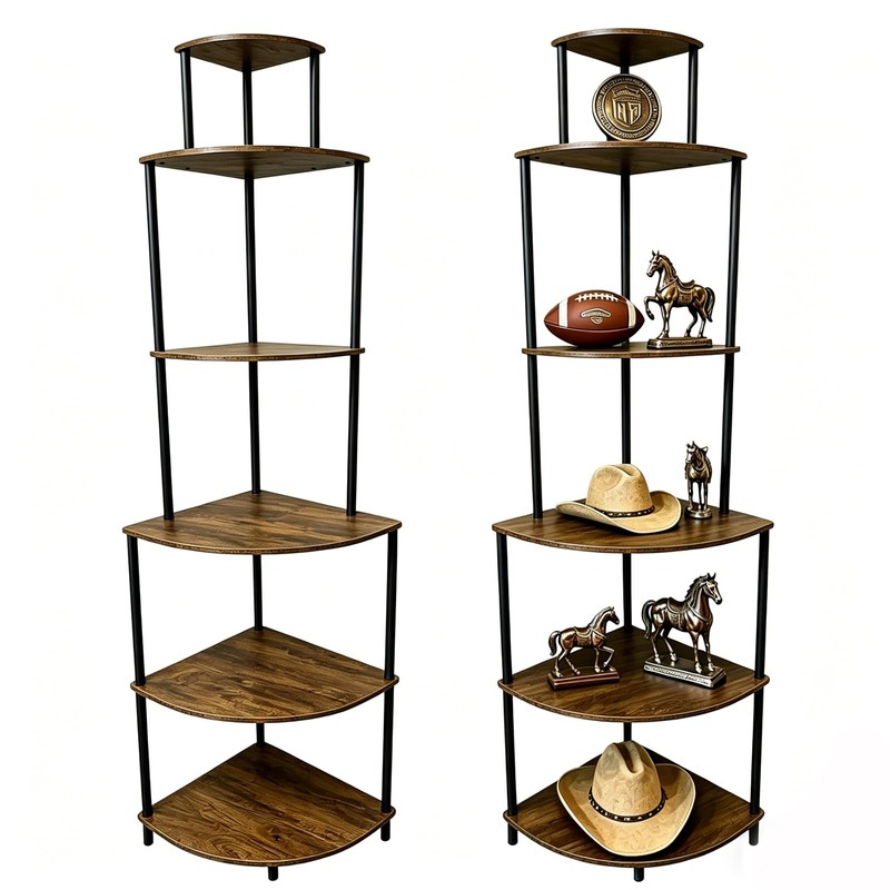 FredCache 6 Tier Corner Shelf Stand, Corner Bookshelf, Wood Storage