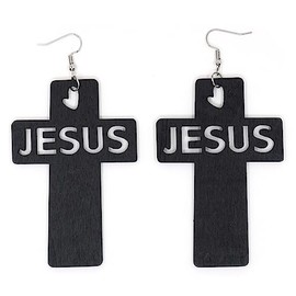 Teri's Boutique Big Cross Jesus Engraved Carved Wooden Women Fashion Dangle Drop Jewelry Earrings (Black)
