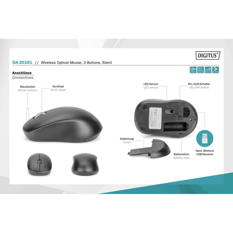 DIGITUS Kabellose Optische Maus 3D, 2.4 GHz 1000 DPI, Schwarz