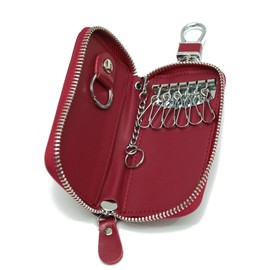 NM.element Smart Key Case, Multi-functional, Card Slot, Genuine Leather, 6 Tiers Zipper, Includes Cosmetic Box, red (dark red)