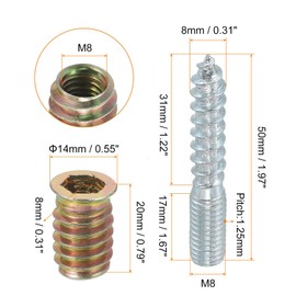 TOP-VIGOR 16Pcs M8x50mm Hanger Bolts, 31mm Wood Dowel Screw Self-Tapping Screw with M8x20mm Threaded Insert Nuts Interface Hex Socket Drive for Joint Furniture Legs