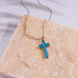 Lauren-Spencer Turquoise Cross Necklace for Women Dainty Simple Cross Necklace Stainless Steel Small Blue Turquoise Gemstone Cross Pendant for Women Christian Jewelry Religious Gifts
