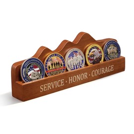 ASmileIndeep Military Challenge Coin Display Stand-Solid Wood Small Coin Holder for 5 Coins, Engraved Service Honor Courage Rack for Veterans Army Navy Air Force Marine Memorabilia Gift