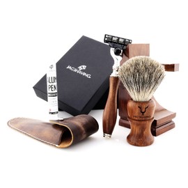 Jag Shaving Set - Sustainable 4-Piece Wooden Shaving Set - Super Badger Hair Shaving Brush - 3 Razor Blades Safety Razor - Shaving Stand - Leather Bag for Safety Razor