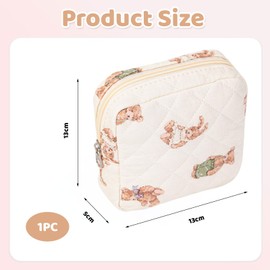 LunarCharm Bear Pattern Small Quilted Cotton Makeup Bag Handbag Cosmetic Bag with Compartments Aesthetic Makeup Bag Travel Toiletry Bag, White