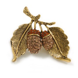 Vintage Inspired Crystal Acorn Brooch in Aged Gold Tone - 40mm Across